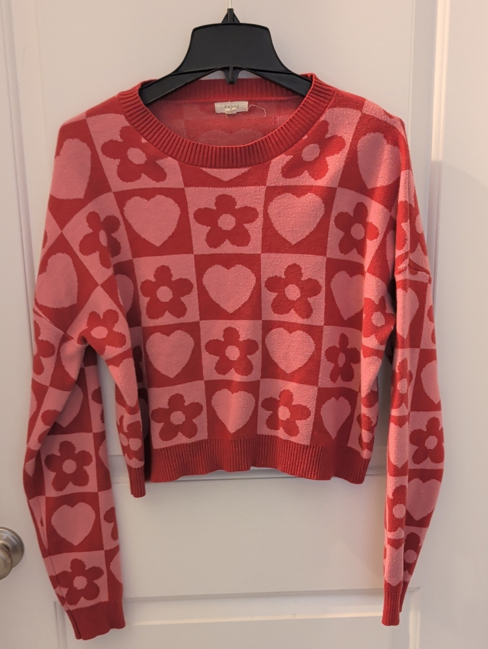 debut Pink & Coral Heart and Flower Crewneck Check Box Sweater Valentine